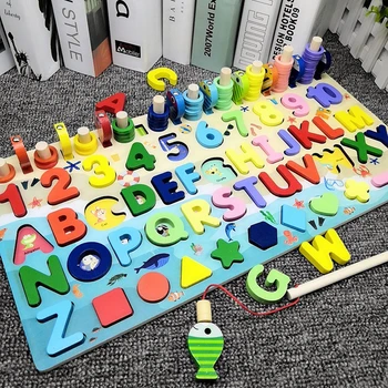 

2020 New Educational Wooden Toys Children Busy Board Math Fishing Children's Wooden Preschool Montessori Toy Counting Geometry