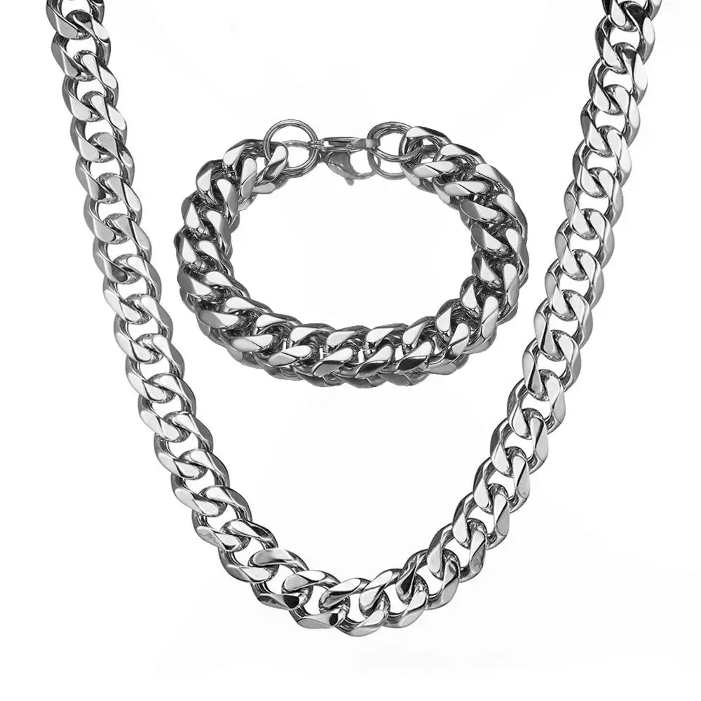 

13/15mm Bracelet Or Necklace Optional Metal Stainless Steel Silver Color Cuban Curb Chain Men/Women Jewelry Christmas Gift 7-40"