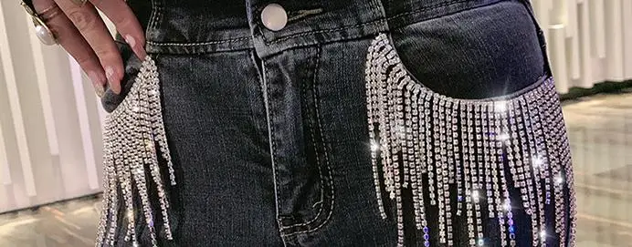 Уличная мода WHITNEY WANG, шикарные бриллианты, бахрома, карманы, обтягивающие джинсы для женщин, стильные джинсовые штаны размера плюс 5XL