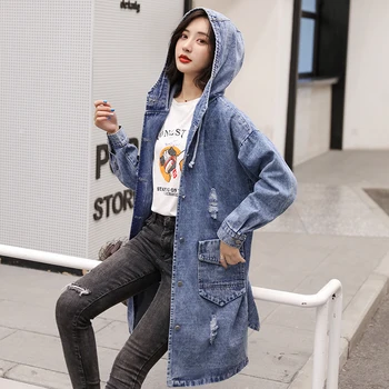 

2019 Autumn Winter Korean Denim Jacket Women Long Base Coat Women's Letter Embroidery Plus size Hooded Jeans Jackets Coats Y308