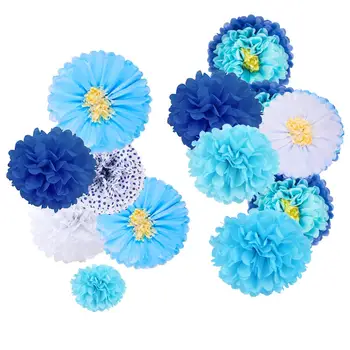 

14pcs Blue white Tissue Pom Pom Flowers Set Handmade Table Centerpiece Hanging Decor for Wedding Birthday Baby Showers Nursery
