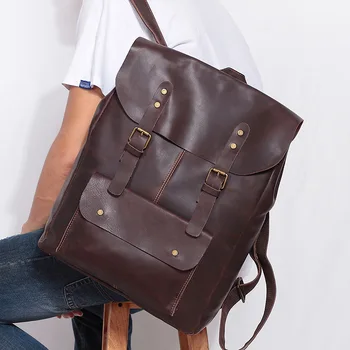 

Vintage Crazy Horse Leather Travel Backpack Mens Genuine Cowhide Laptop Backpack Handmade Cowskin Daypack