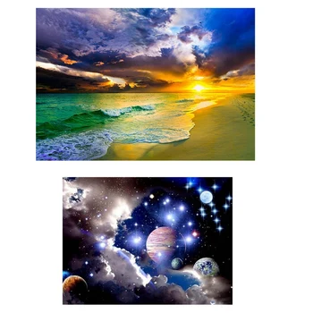 

2 Set 5D DIY Diamond Painting Cross Stitch Rhinestone Full Diamond Embroidery Gift, Space Star & Beach Sunset