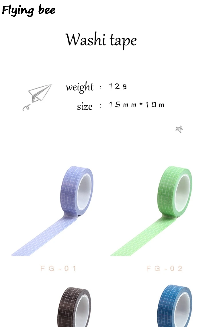 Flyingbee 15mmX10m Paper Washi Tape Solid color grid Adhesive Tape DIY Scrapbooking Sticker Label Masking Tape X0476