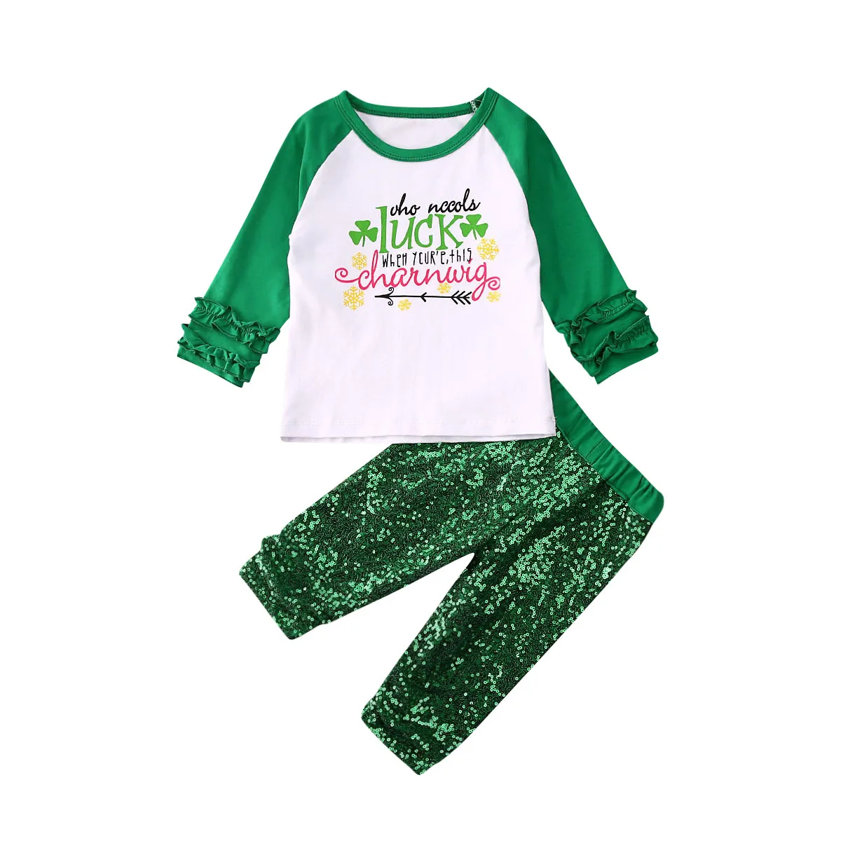 2020 Casual Kids Baby Girl Clothes Sets for St.Patrick's Day 2Pcs Letter Shirt Tops+Sequins Pants Children 0-4Y | Мать и ребенок
