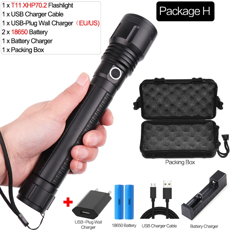 Package H Фонарик XHP 70,2 светодиодный фонарь, масштабируемый фонарик XHP70 XHP50, USB фонарь, фонарик для кемпинга, перезаряжаемый аккумулятор 18650 - Испускаемый цвет: Package H