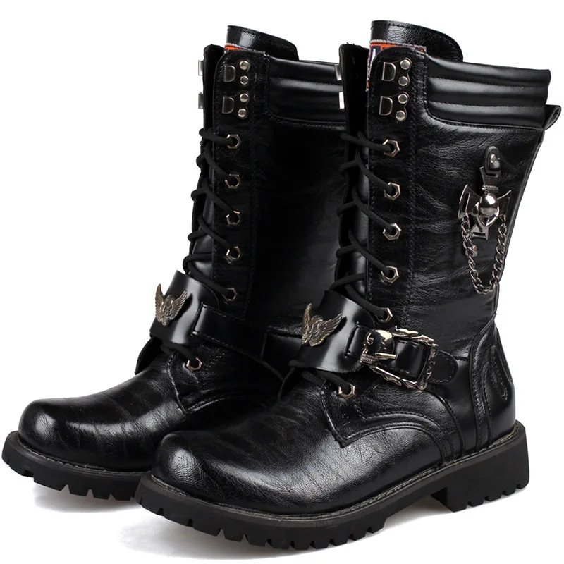

Army Boots Men Military Boots 2019 Leather Winter Black cowboy snow Metal Gothic Punk Boots Male Shoes Motorcycle boots