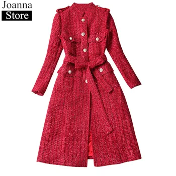 

Spring New Long Coat Women Stand Collar Slim Tweed Coats Long Sleeve Belted Single-Breasted Vintage Elegant Red Plus Size Jacket