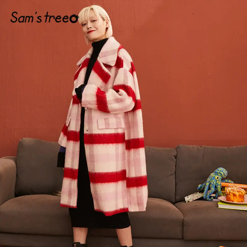 SAM'S TREE/красное клетчатое однобортное шерстяное Женское пальто с графикой Brit, зимняя Корейская женская верхняя одежда с рукавом три четверти