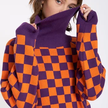 

2019 Autumn New Checkboard Pullovers Long Sleeves Knitted Sweaters Purple Orange Houndstooth Loose Lazy Style High Collar Jumper