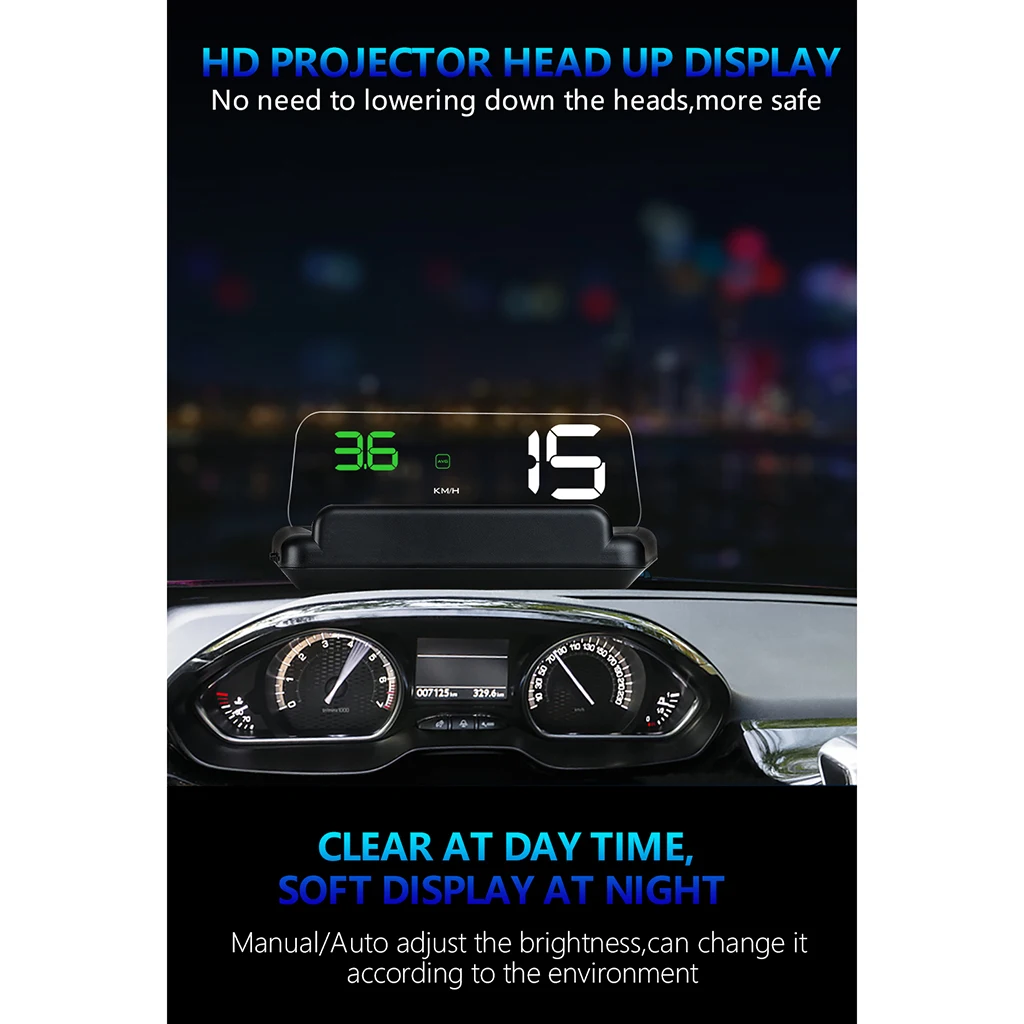 HUD Mirror Car LED Head Up Display Windshield Speed Projector Security Alarm Water Temp Overspeed KMH RPM Voltage Speedometer