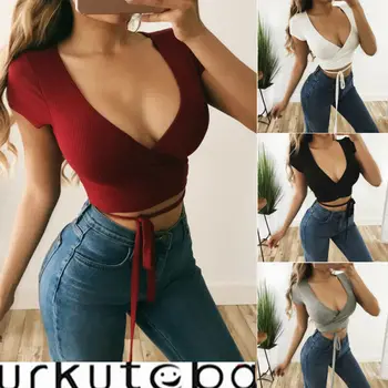 

Womens Blouse Casual Short Sleeve Short Tank Crop Tops Vest Blouse Off Shoulder Fashion Lace Up Deep V-Neck Solid Color T-Shirts