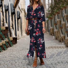 Длинные Платья с цветочным принтом; сезон осень; v-образный вырез; рукав до локтя; Высокая талия; свободные; Европа и США; Boho; пляжное зимнее платье; 822