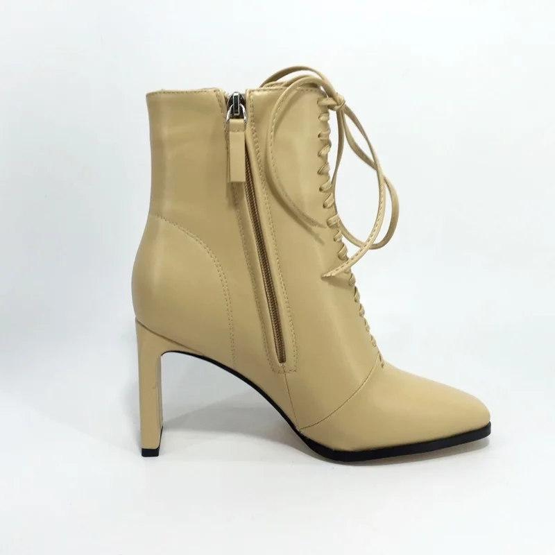 Ceny Marka projekt sznurowane skóra z mikrofibry botki dla kobiet sexy szpilki moda plac toe buty damskie duże rozmiary nude pompy