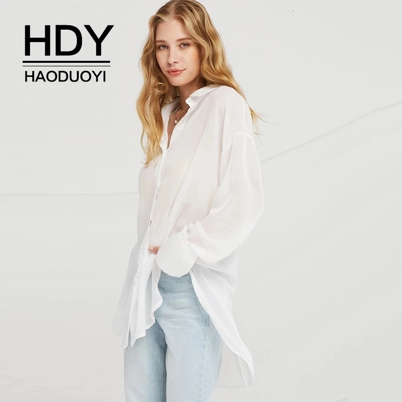 

HDY Haoduoyi New Arrival Autumn Fashion Solid Casual Perspective Simple Long Loose Single-breasted Split Shirt For Women