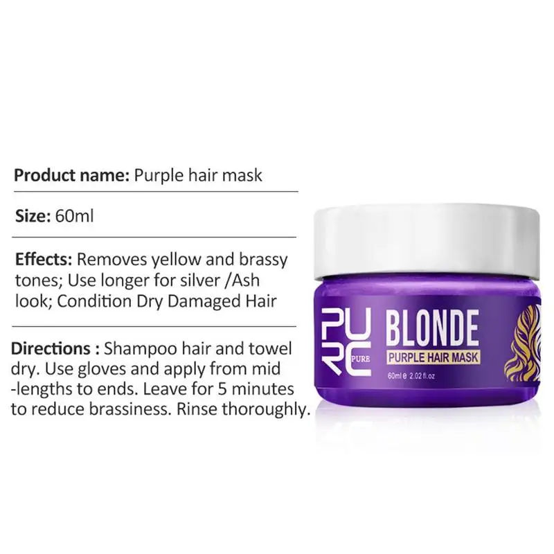 60ml PURC Blonde Purple Hair Mask Repair Frizzy Hair Make Hair Soft Smooth Remove Yellow Brassy Tones Hair Root Treatment Mask 60ml PURC Blonde Purple Hair Mask Repair Frizzy Hair Make Hair Soft Smooth Remove Yellow Brassy Tones Hair Root Treatment Mask