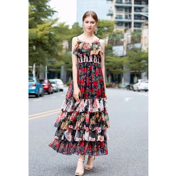 

2020 Runway Boho Holiday Summer Party Maxi Dress Elastic Waist Ruffles Floral Print Fashion Elegant Long Resort Dress