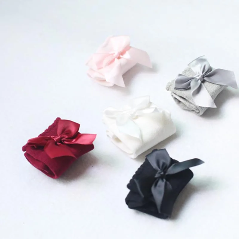 Hilittlekids/зимние однотонные теплые гольфы для маленьких девочек с бантиками; длинные Детские ботиночки принцессы; носки в Вертикальную Полоску