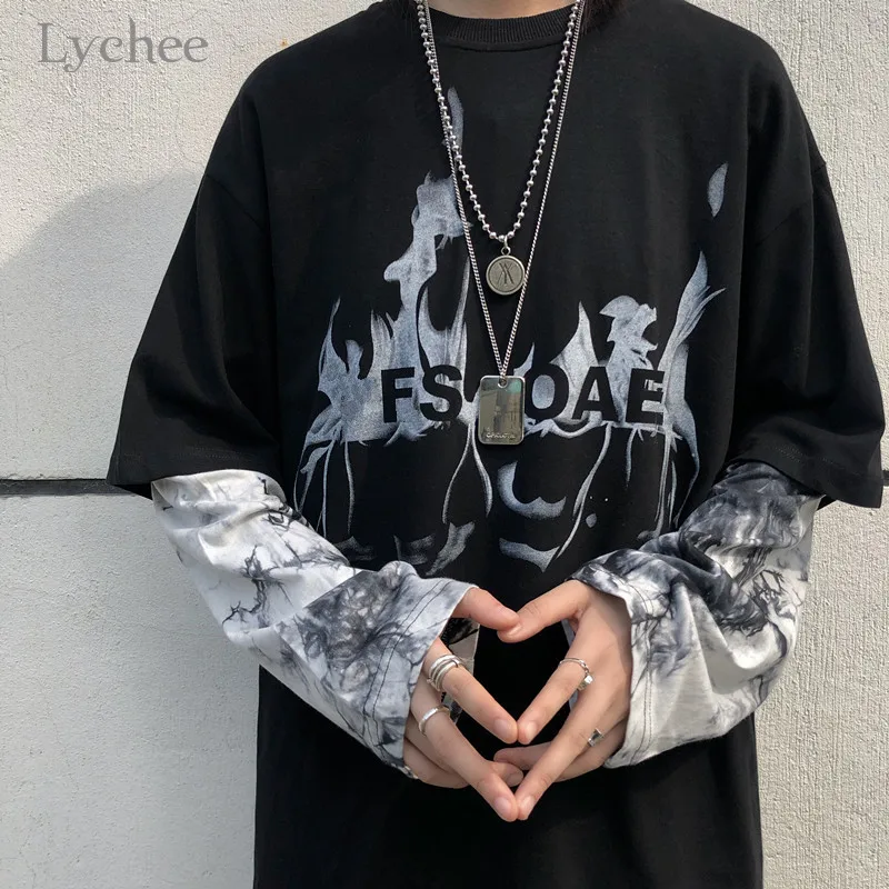 Lychee Harajuku лоскутный женский спортивный костюм Поддельные 2 шт. Женская толстовка с галстуком окрашивание свободный хит цвет женские пуловеры