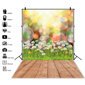 

Spring Backgrounds For Photography Green Grass Flowers Floret Sunny Polka Dots Wooden Floor Baby Photographic Backdrop Photocall