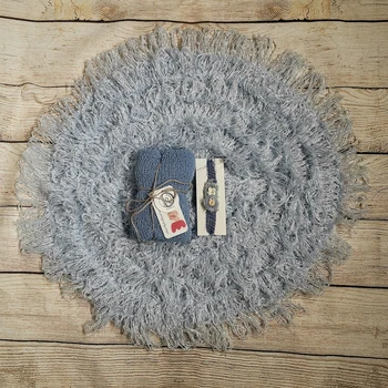 

50cm Round Crocheted Blanket+140*30cm Stretch Knit Wrap+matched Cotton headband for Newborn Photography Props Baby Photo Shoot