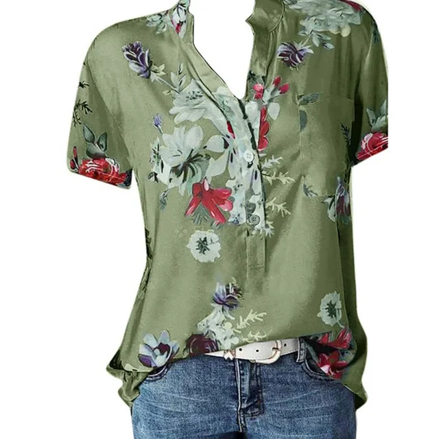 Temperament new women's shirt printing large size casual shirt loose V-neck short-sleeved shirt blouse green