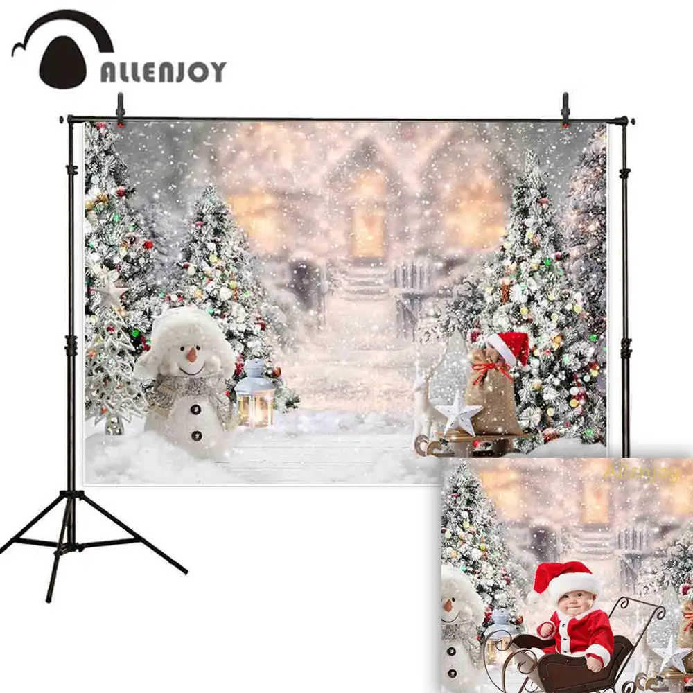 Hats Full of Snow Red Gift Box Props Shoot Decoration Modern Vinyl Photography Photo Christmas Theme Party Backdrop Banner Video Snowflakes Flying All Over The Sky Trees Full of Bells Snowman