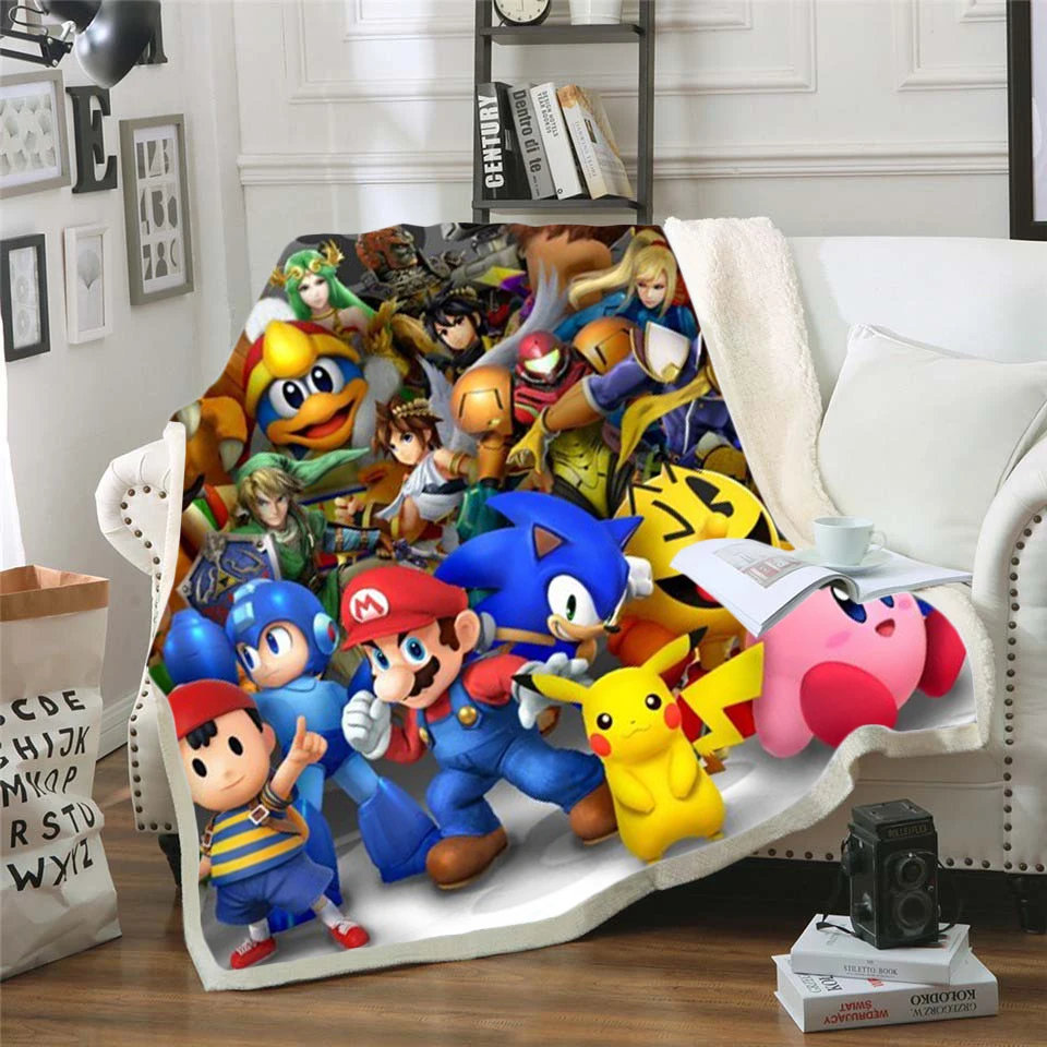 Бархатное Флисовое одеяло покрывало с 3D принтом Супер Марио для кушетки дорожное