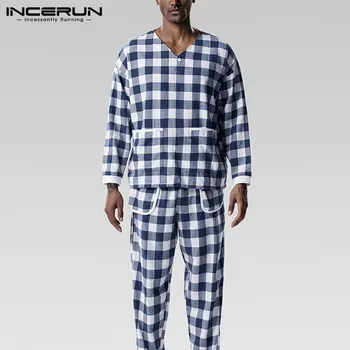 

Male Cozy Sleepwear INCERUN Fashion Men Pajamas Sets Leisure Striped Long Sleeve V Neck Tops Elastic Pants Autumn Homewear 5XL 7