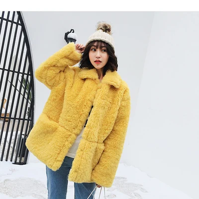 Faux Fur Coat Female Slim Lamb Hair Winter New Loose Fur Granules Velvet Pocket Long Sleeve Warm Fur Coat Tide H00899 - Цвет: yellow