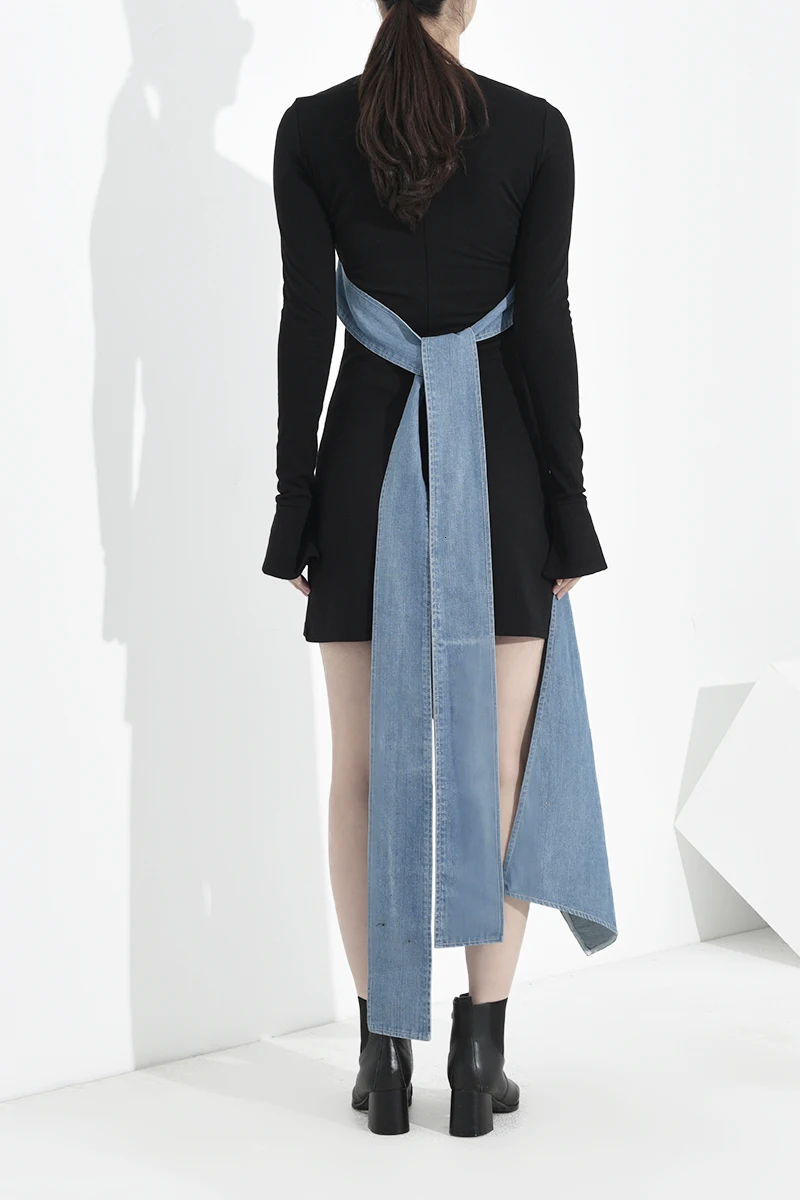 [EAM] Women Asymmetrical Denim Split Long Dress New Round Neck Long Sleeve Loose Fit Fashion Tide Spring Autumn 1K0730