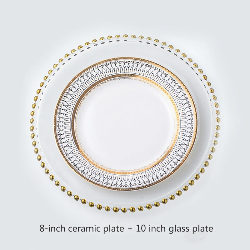 Роскошный светильник с золотыми бусинами, стеклянная тарелка, красная Высококачественная ресторанная настольная тарелка, набор керамических тарелок для свадебной вечеринки, западное блюдо для стейка - Цвет: 09