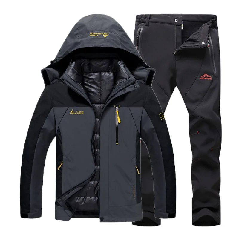 Gray Black Suit Мужские зимние водонепроницаемые треккинговые походные лыжные ползунки, теплые хлопковые куртки 3 в 1, флисовые штаны, костюм, пальто - Цвет: Gray Black Suit