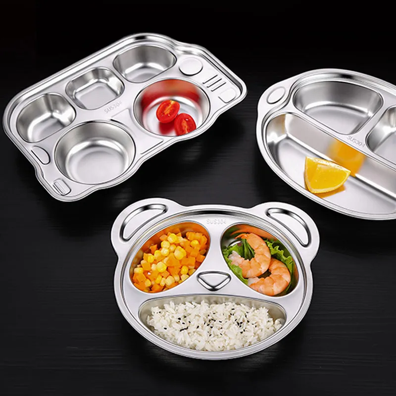 

Stainless Steel CHILDREN'S Dinner Plate Kindergarten Seperated Tray 304 CHILDREN'S Tableware Three Grid Five Grids Container Sna