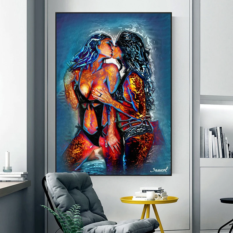 Girl Kiss Girl Wall Art Printed on Canvas