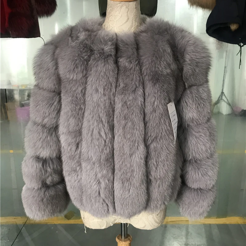 Модное пальто из натурального меха серебристой лисы, толстое теплое Женское пальто из синей лисы, зимнее элегантное пальто из натурального меха с круглым вырезом