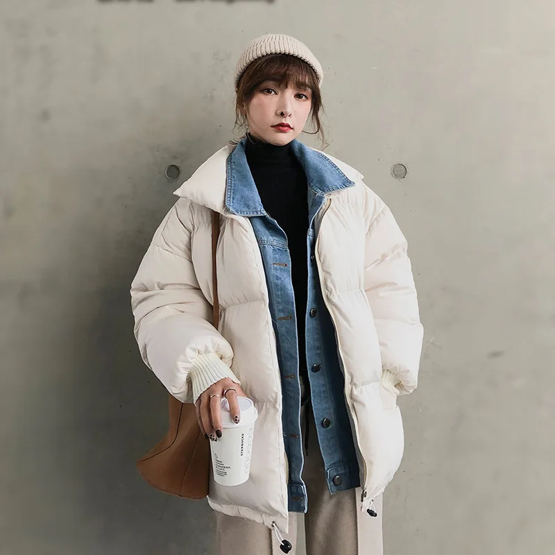 

2018 Winter New Style Korean-style Cowboy Joint Mock Two-Piece INS Coat Women's Loose-Fit down Coat Cotton-padded Clothes