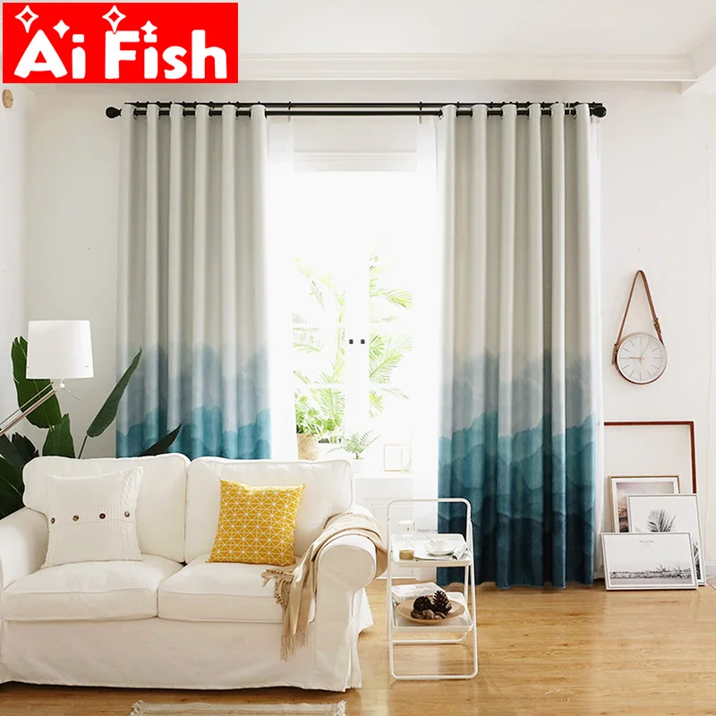 Physical Bedroom Blackout Curtains Modern Minimalist Gradient Blue Mountain Scenic Pattern Curtain For Living room Panel AF056-5