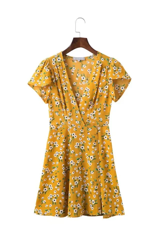 

2019 Summer Wear New Style Europe And America Women's Retro Trend Small Floral Pattern Printed Deep V-neck Short-sleeve Dress