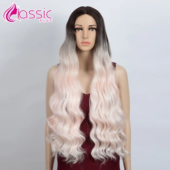 

Synthetic Wigs For Black Women 28 inch Long Wavy Cosplay Wig Ombre Pink Black Middle Hair Part Wig Heat Resistant Classic Plus