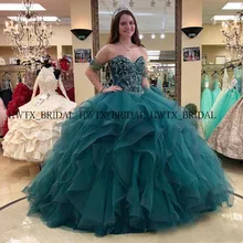 Зимние сапоги с роскошными кристаллами Расшитое бисером в честь пятнадцатилетия платье темно-зеленые оборки Тюль сладкий 16 бальное платье с открытыми плечами плечевой корсет платье для выпускного вечера