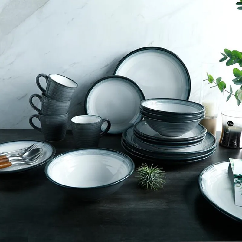 

European-style Gradient screw Thread Dinner Plate Ceramic Kitchen Plate Tableware Set Food Dishes Rice steak plate Soup Bowl