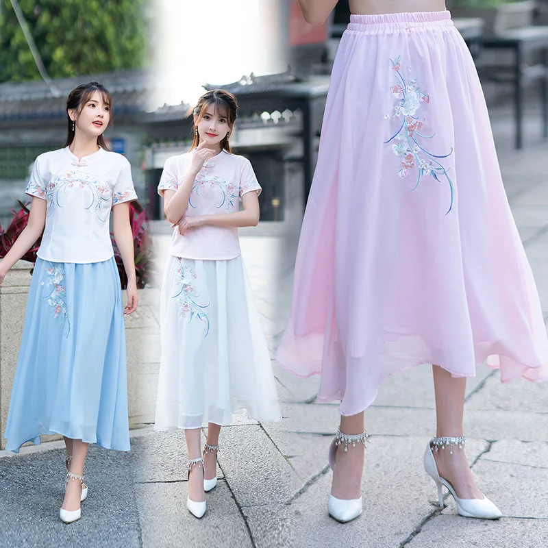 

Photo Shoot Summer New Style Ethnic Embroidery Chiffon Dress Big Hemline WOMEN'S Skirt