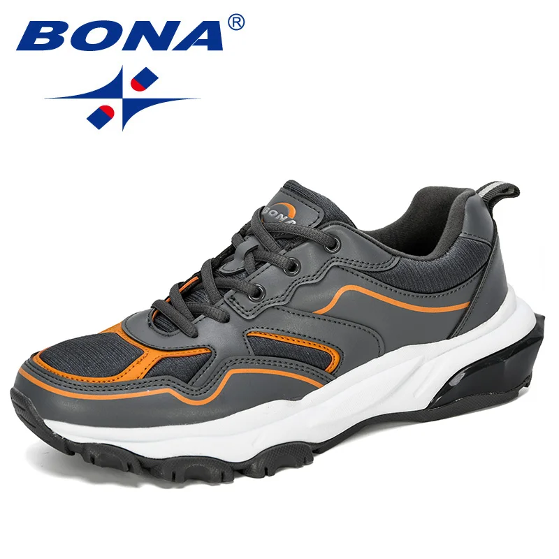 BONA новые дизайнерские кроссовки мужские спортивные уличные кроссовки с увеличенной подошвой спортивная обувь для ходьбы мужские кроссовки для бега - Цвет: Dark grey orange