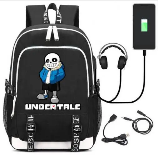 as pictures Игра Undertale Sans рюкзак сумка ж/usb порт зарядки/замок/наушники путешествия ноутбук студентов школьная сумка подарок - Цвет: as pictures