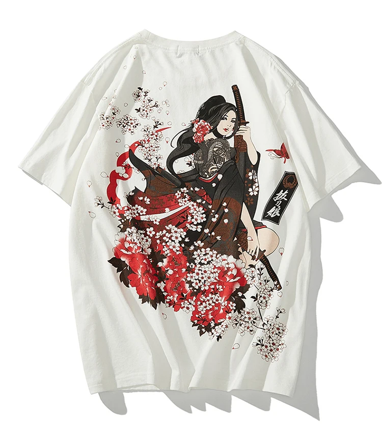 Japanese tide brand breathable printing cherry blossom beauty warrior short sleeve Ukiyo-e cotton t-shirt summer men's shirt • COLMADO