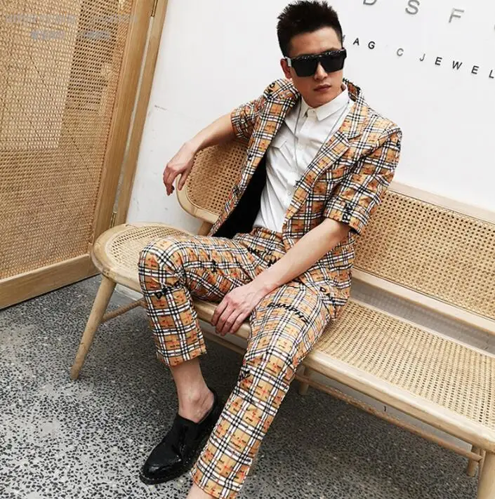 

Mid-length sleeve blazer men suits lattice jacket mens coat and pants set stage personality costumes for singers clothes b694