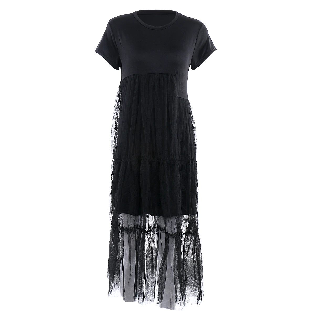 Женское черное повседневное свободное платье с короткими рукавами фатиновое