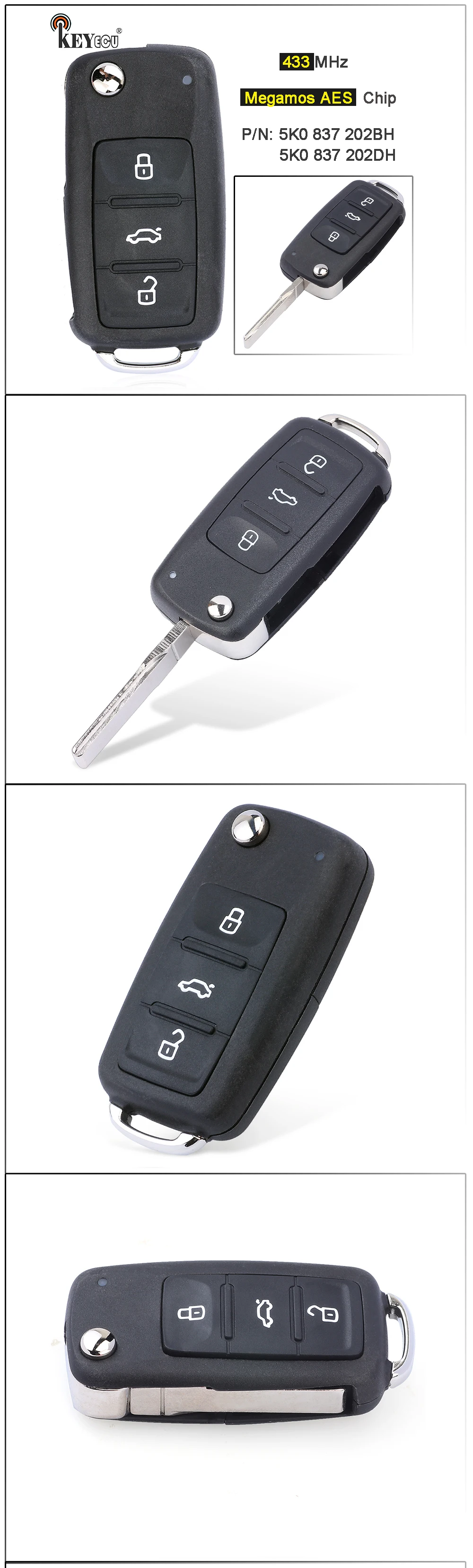 Keyforkess 433MHz ASK Megamos AES / ID88 Chip 5K0 837 202 BH / DH portachiavi remoto intelligente per Volkswagen Beetle Caddy Caravelle Jetta - Hcdf2cced95464cbdaec5723f7c842433n