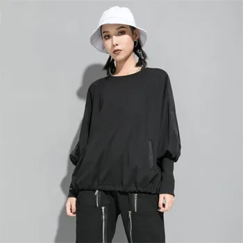 

Fashion hip hop casual Women T-shirt Long sleeve tops womens top Black Loose Oversized tops spring autumn 2019 Lantern sleeve